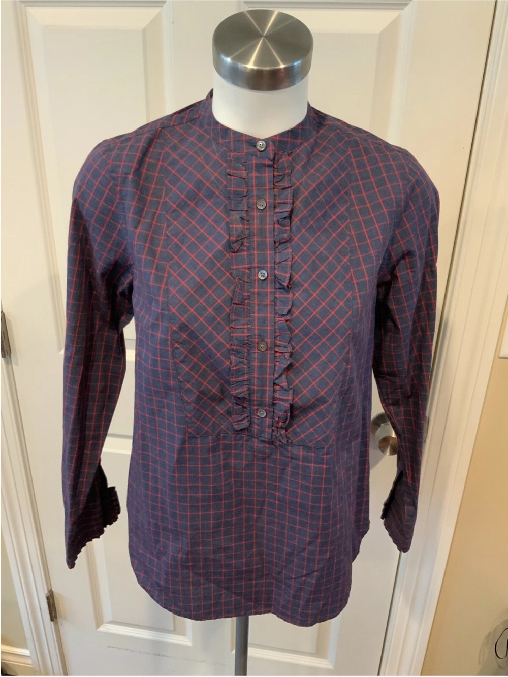 J. Crew Blue/Red Windowpane Plaid Ruffle Placket Pop-Over Shirt, Size 2 - Picture 1 of 5